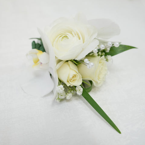White Ranunculus & Rose Corsage