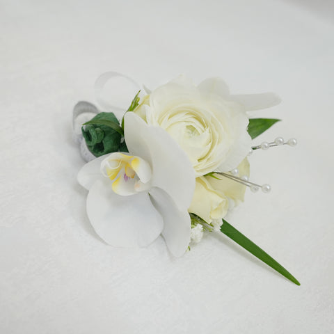 White Ranunculus & Rose Corsage