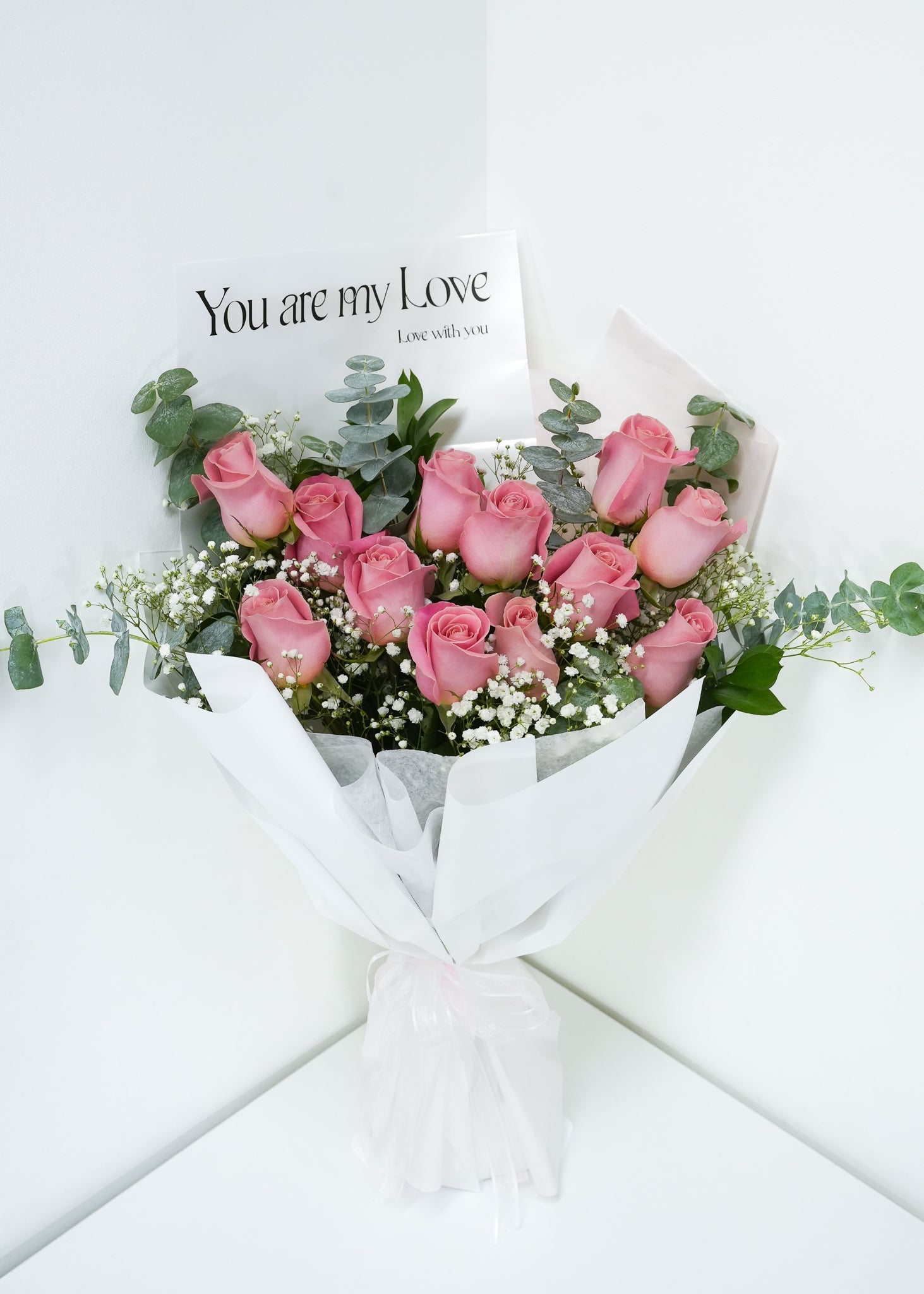 [VD] Pink Roses with Baby's Breath or Greenery