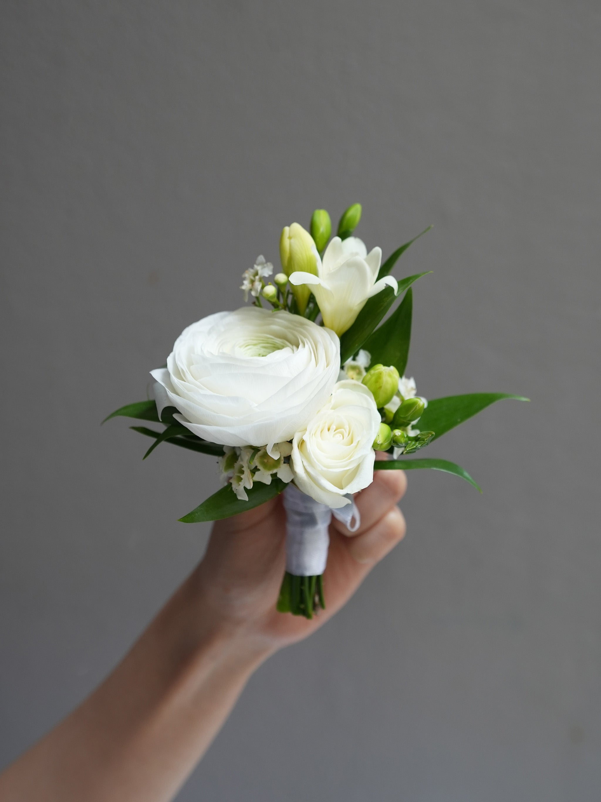 White Ranunculus Corsage  & boutonniere