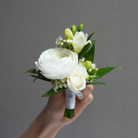 White Ranunculus Corsage  & boutonniere