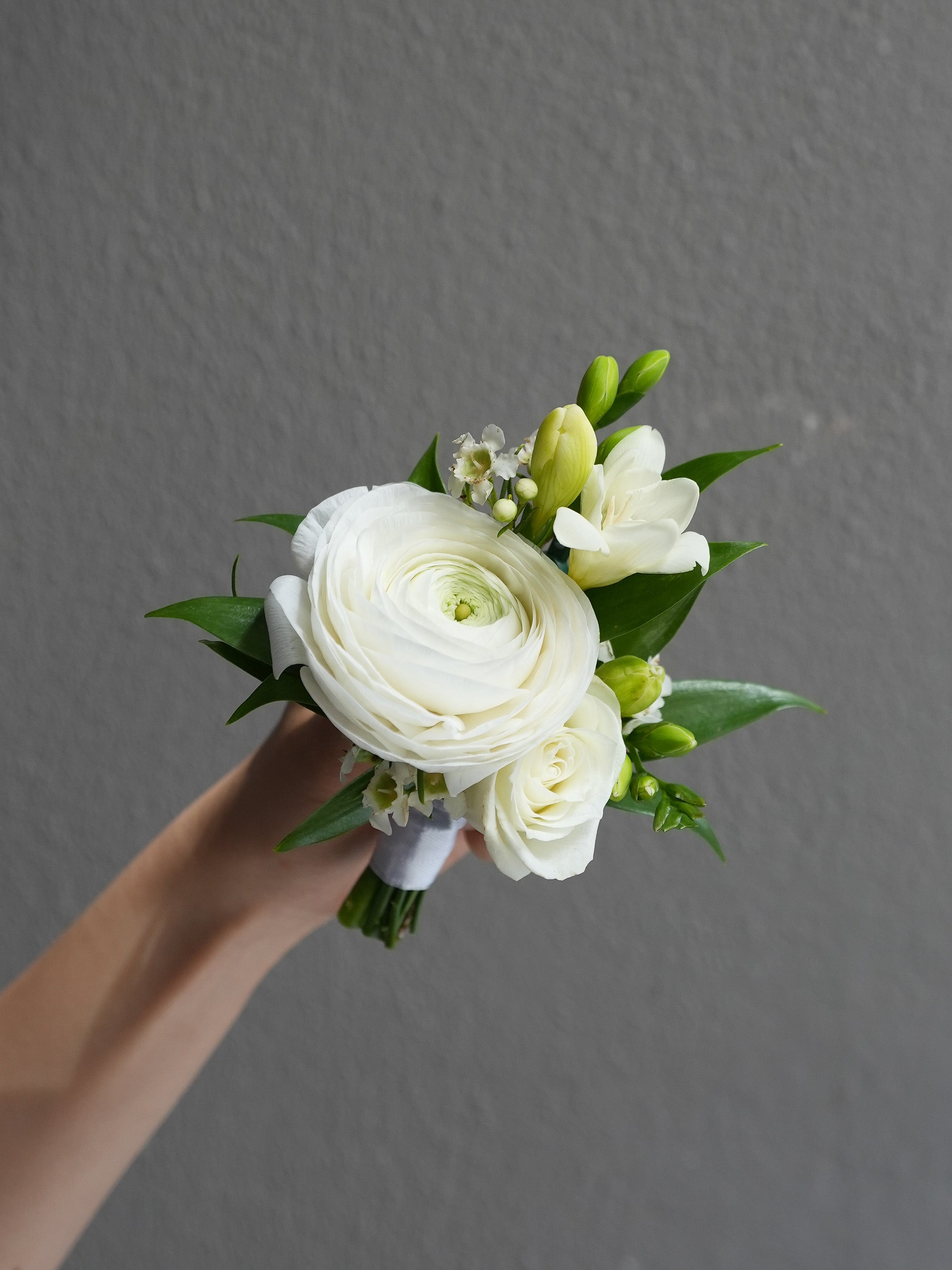 White Ranunculus Corsage  & boutonniere