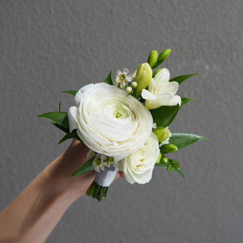 White Ranunculus Corsage  & boutonniere