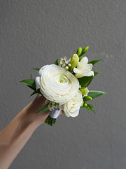 White Ranunculus Corsage  & boutonniere