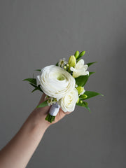 White Ranunculus Corsage  & boutonniere