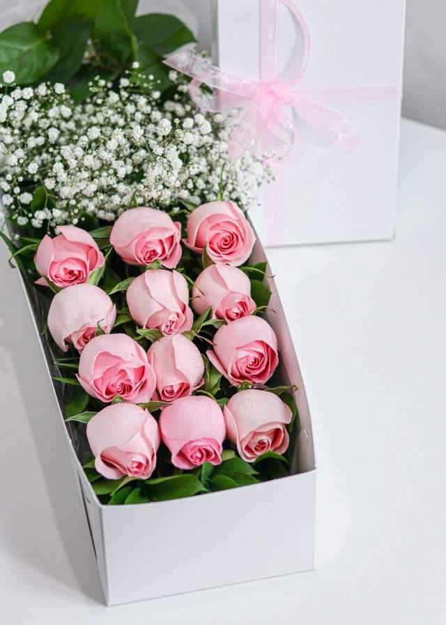 12 Pink Rose with Baby's Breath in a Box - Toronto Flower Gallery